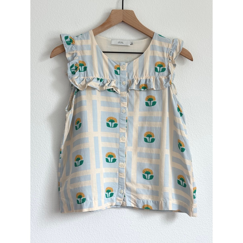 The Tiny Big Sister Floral Grid Ruffle Top 36 Linen Blend Pastel Cottagecore